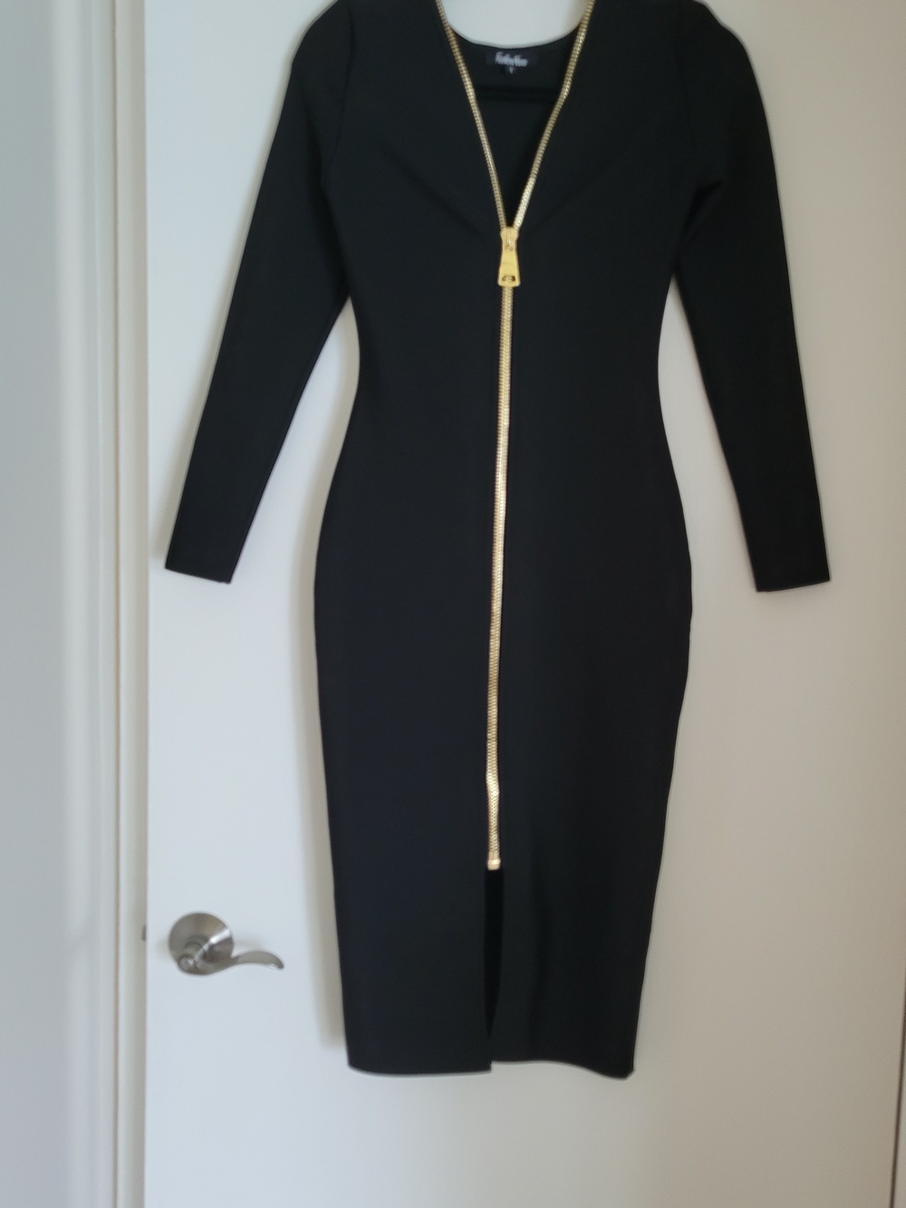 Fashion Nova Black Zip-Front Bodycon Dress with Gold Zipper
